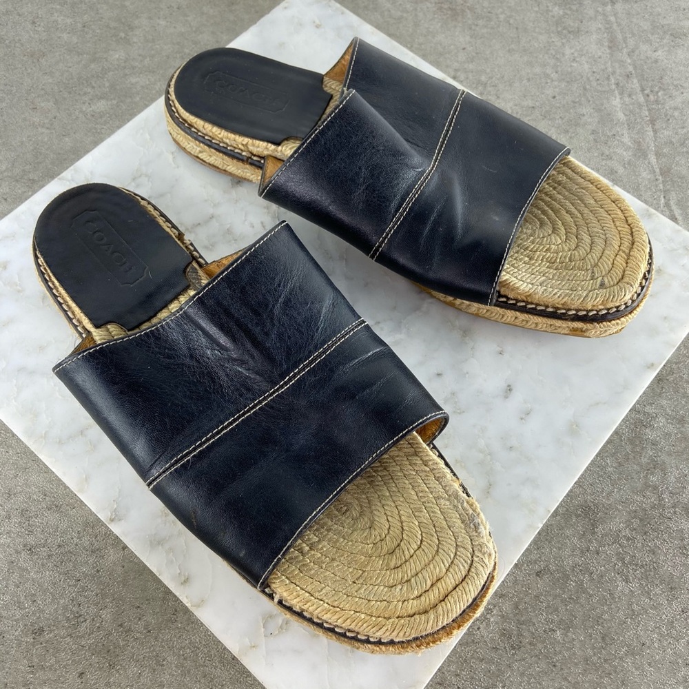 LAST DAY!!!    Coach Black Leather Espadrille Slide Sandals
